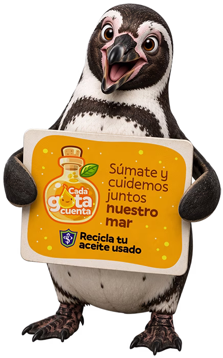 Pingüino Humboldt con cartel campaña reciclaje de aceite usado.