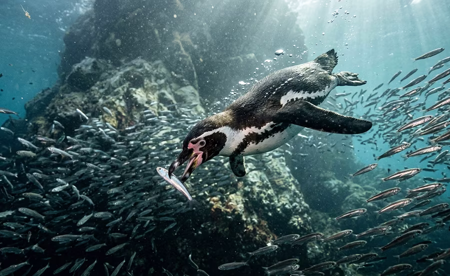 Pingüino de Humboldt cazando anchoveta.